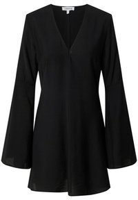 Tunique noire avec un décolleté en V, des manches longues en forme de cloche et une coupe droite ; fabriquée dans un tissu lisse avec un subtil éclat. Fermeture éclair au dos.