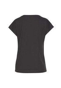 Zwarte T-shirt met korte mouwen, ronde halslijn en een relaxte pasvorm. Soepele stof met een eenvoudig ontwerp, zonder zichtbare patronen of hardware.