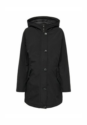 Schwarze wasserdichte Jacke mit Kapuze, vorderer Knopfleiste und Seitentaschen. Hergestellt aus glattem Stoff mit einer lässigen Silhouette.