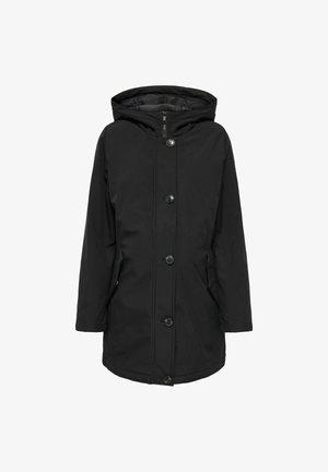 Chaqueta impermeable negra con capucha, cierre frontal de botones y bolsillos laterales. Hecha de una tela suave con una silueta relajada.