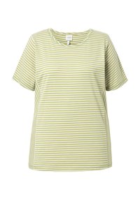Camiseta de manga corta verde claro con rayas horizontales blancas, cuello redondo, corte relajado y textura de tela suave. Diseño simple sin decoraciones.