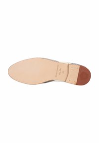 Sole in cuoio di colore beige con finitura liscia, presenta una forma arrotondata, colore tan chiaro e dettaglio del logo in rilievo sul tallone. Taglia 37.