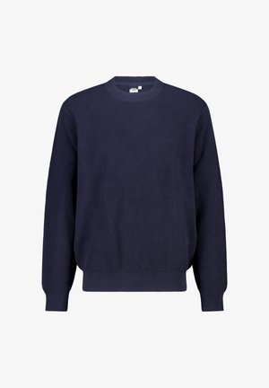Pull en tricot bleu marine avec col rond, manches longues, poignets et ourlet côtelés, présentant un motif tissé texturé.