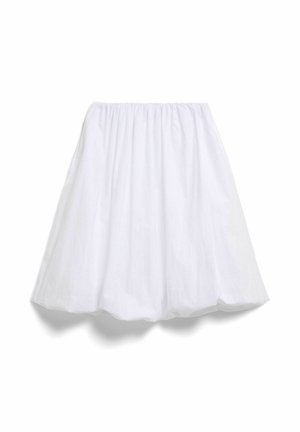 Jupon blanc mi-genou avec taille élastique froncée et silhouette évasée et volumineuse pour plus de volume à la jupe.