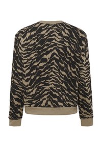 Camiseta con un patrón de rayas de cebra en negro y beige, con cuello redondo, mangas largas y puños y dobladillo de canalé. Textura de tela suave.