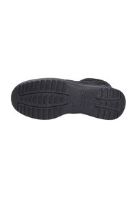 Zwarte rubberen zool met een gestructureerd oppervlak en een zigzag profiel. De hak is iets verhoogd, wat grip en stabiliteit biedt.
