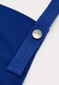 Blue fabric strap with a silver metal button featuring the brand name. Ribbed texture showcases durable material and adjustable length.