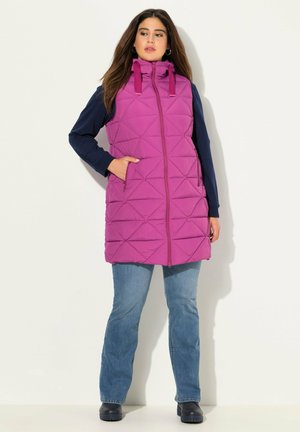 Purple padded vest with a hood, featuring a geometric quilted pattern, zip closure, and side pockets, worn over a long-sleeve navy top.