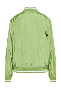 Giacca bomber verde chiaro, materiale lucido, colletto e polsini a coste, strisce bianche all'orlo e vita elastica.