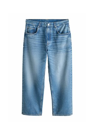 Light blue denim jeans with a loose fit, five-pocket design, and straight legs. The fabric shows slight fading and whiskering details.