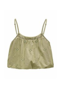 Top senza maniche di un verde oliva chiaro con spalline sottili, caratterizzato da motivi floreali ricamati e un design ampio e arricciato. Realizzato in tessuto morbido.