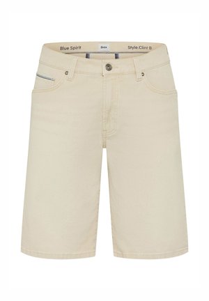 Beige Denim-Shorts mit vorderem Knopf, Reißverschluss, Gürtelschlaufen, zwei Vordertaschen und gebrandetem innerem Bund.