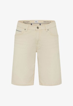 Beige Denim-Shorts mit vorderem Knopf, Reißverschluss, Gürtelschlaufen, zwei Vordertaschen und gebrandetem innerem Bund.