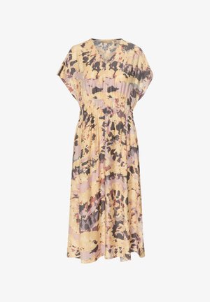 Laza midi ruha könnyű anyagból. V-alakú nyakkivágással, rövid ujjakkal és absztrakt, sokszínű mintázattal rendelkezik, lágy sárga és rózsaszín árnyalatokban.
