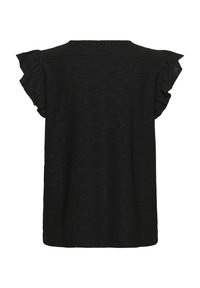 Blusa nera con maniche corte a volant, realizzata in un tessuto testurizzato con ricami floreali e piccoli dettagli a taglio. Vista posteriore mostrata.