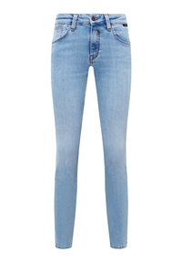 Skinny jeans made of light blue denim, featuring a classic five-pocket design, belt loops, and subtle fading on the thighs and knees.