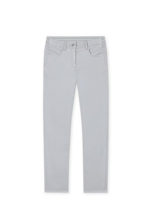 Graue Jeans aus Denim mit slim Fit, Fronttaschen, Knopfverschluss und dekorativer Nahtverarbeitung. Glatte Textur und keine Muster.