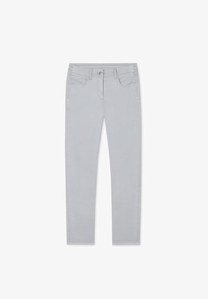 Graue Jeans aus Denim mit slim Fit, Fronttaschen, Knopfverschluss und dekorativer Nahtverarbeitung. Glatte Textur und keine Muster.