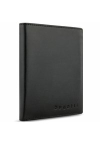 Portefeuille en cuir noir avec une texture lisse, design bi-fold et logo "bugatti" en relief. Bords nets et détails de couture minimalistes.