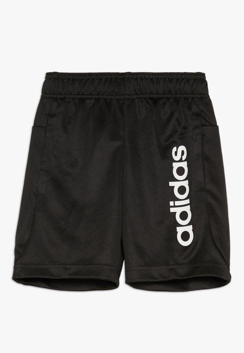 Schwarze Sportshorts aus leichtem Stoff, mit einem elastischen Bund und Seitentaschen. "adidas"-Logo in Weiß an der Seite aufgedruckt.