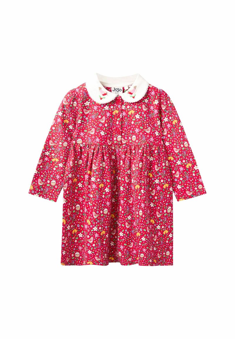Rochie florală roșie cu mâneci lungi, guler tip Peter Pan alb și talie elastică. Modelul include păsări, căpșuni și flori.