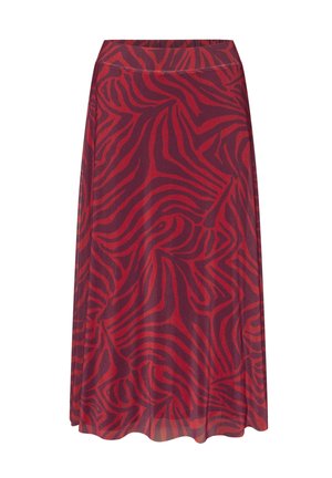 Jupe midi avec motif zébré abstrait rouge et rouge foncé, tissu léger et taille élastique.