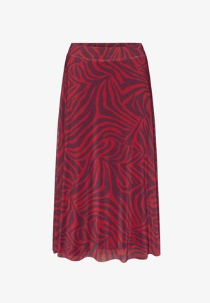 Midi sukně s abstraktním vzorem zebřích pruhů v červené a tmavě červené barvě, vyrobená z lehké látky, s elastickým pasem.