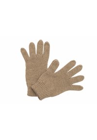 Pletené rukavice v světle hnědé barvě, s texturovanou tkaninou, pětiprstým designem a žebrovanými zápěstními manžetami pro pohodlné nošení.