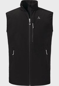 Schwarze ärmellose Weste aus Softshell-Material, mit hohem Kragen, vorne mit Reißverschluss und zwei Reißverschlusstaschen mit kontrastierender Hardware.
