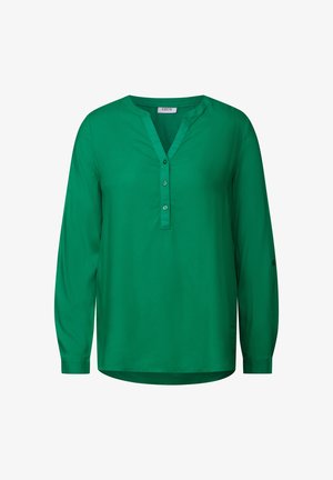 Blusa verde a maniche lunghe con scollatura a V, apertura frontale con bottoni e dettagli con un bottone su ciascuna manica, realizzata in un tessuto morbido.