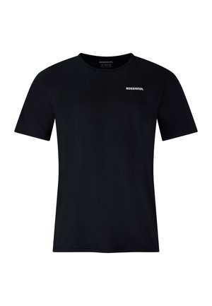 Camiseta negra de manga corta con cuello redondo y pequeño logo blanco de "Rossignol" en el pecho izquierdo.