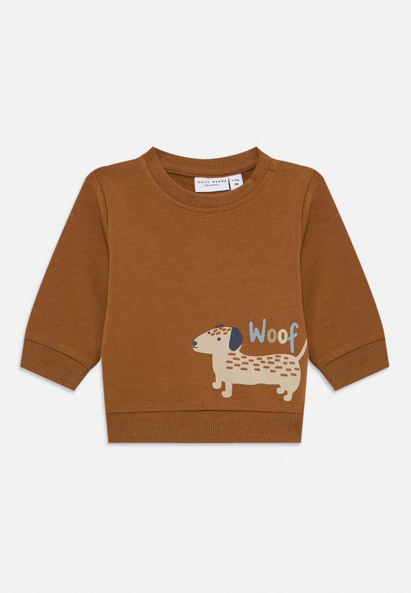 Felpa per bambini a maniche lunghe color marrone con polsini e orlo a coste, caratterizzata da un'illustrazione di un cane beige e la scritta "Woof" sul davanti.