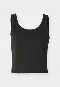 Débardeur noir ajusté sans manches avec larges bretelles et encolure arrondie, présenté sur un fond clair uni.