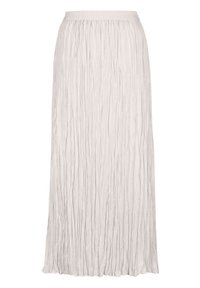 Plissé maxi rok in lichtgrijze stof met een elastische tailleband, met verticale textuurlijnen en een vloeiende silhouet.