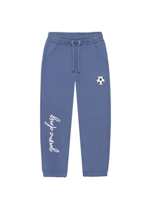 Pantaloni della tuta blu con elastico in vita e ai polsi, tasche laterali, una piccola grafica di pallone da calcio sulla gamba destra e testo "game day" sulla gamba sinistra.