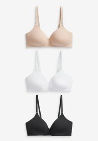 Drei Bh's sind vertikal angeordnet: einer beige, einer weiß und einer schwarz. Jeder hat verstellbare Träger und ein glattes, nahtloses Design.