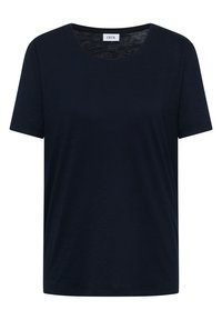 T-shirt bleu marine à manches courtes avec col rond, design uni et étiquette de la marque « Cecil » à l'intérieur du col.