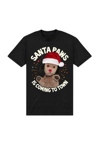Svart T-shirt med en grafisk bild av en gosedjurshund som bär en röd tomteluva, med texten "SANTA PAWS IS COMING TO TOWN" i krämfärg.