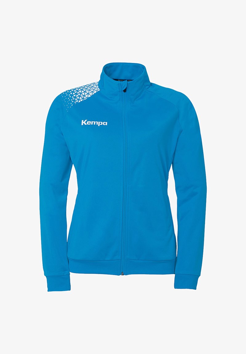 Blå zip-up sportsjakke lavet af glat stof, med en høj hals og et geometrisk mønster på den ene skulder. Logo på forsiden.