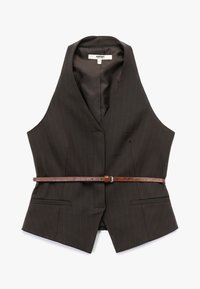 Gilet a righe marrone scuro con scollatura a V, dotato di due tasche frontali e una cintura marrone. Tessuto strutturato e design su misura.
