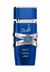 Blå glasparfymflaska med silverdetaljer. Har ett dekorativt silverband och en cirkulär emblem. Texten inkluderar "ASAD", "ZANZIBAR", "Lattafa".