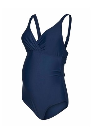 Donkerblauw zwangerschapsbadpak met verstelbare schouderbandjes en geplooide zijkanten voor comfort en ondersteuning.
