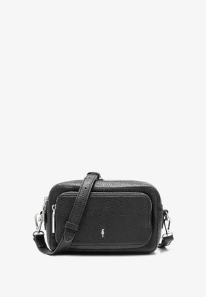 Czarna torebka crossbody z teksturowanej skóry, ze srebrnym okuciem, prostokątna forma, z suwakiem na górze i przednią kieszenią. W zestawie regulowany pasek.