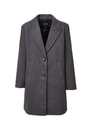Dunkelgrauer Wollmantel im Fischgrätenmuster mit Reverskragen, zwei Knöpfen und frontalen Paspeltaschen, Größe S.