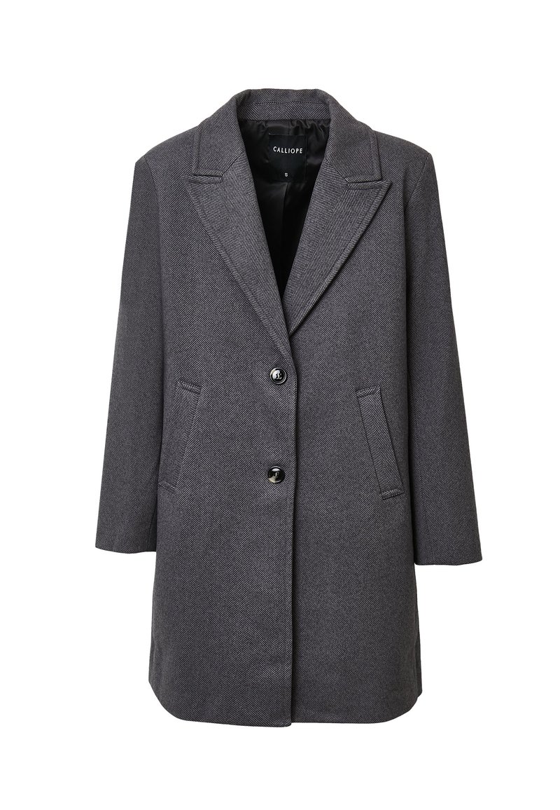 Cappotto di lana a costine grigio scuro con revers a punte, due bottoni e tasche anteriori a filetto, etichettato come taglia piccola.