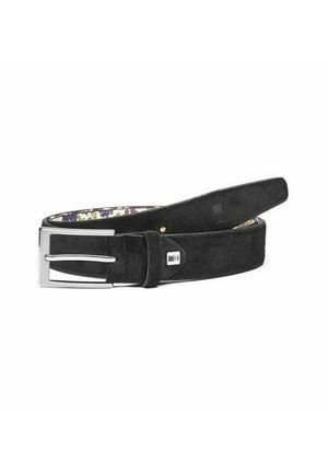 Black suede belt with a silver metal buckle, featuring a patterned fabric interior and a subtle logo detail on the buckle.