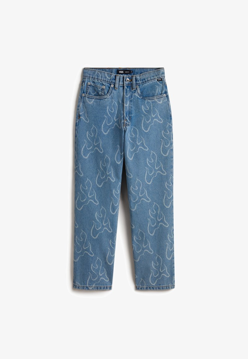 Jean en denim bleu avec motifs de flammes claires, design à cinq poches, fermeture par bouton, et étiquette de marque Vans sur la ceinture.