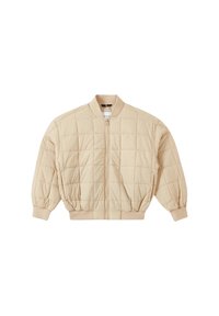 Giubbotto bomber trapuntato beige con zip frontale, colletto, polsini e vita a coste, caratterizzato da un sottile logo "ck" sul petto.