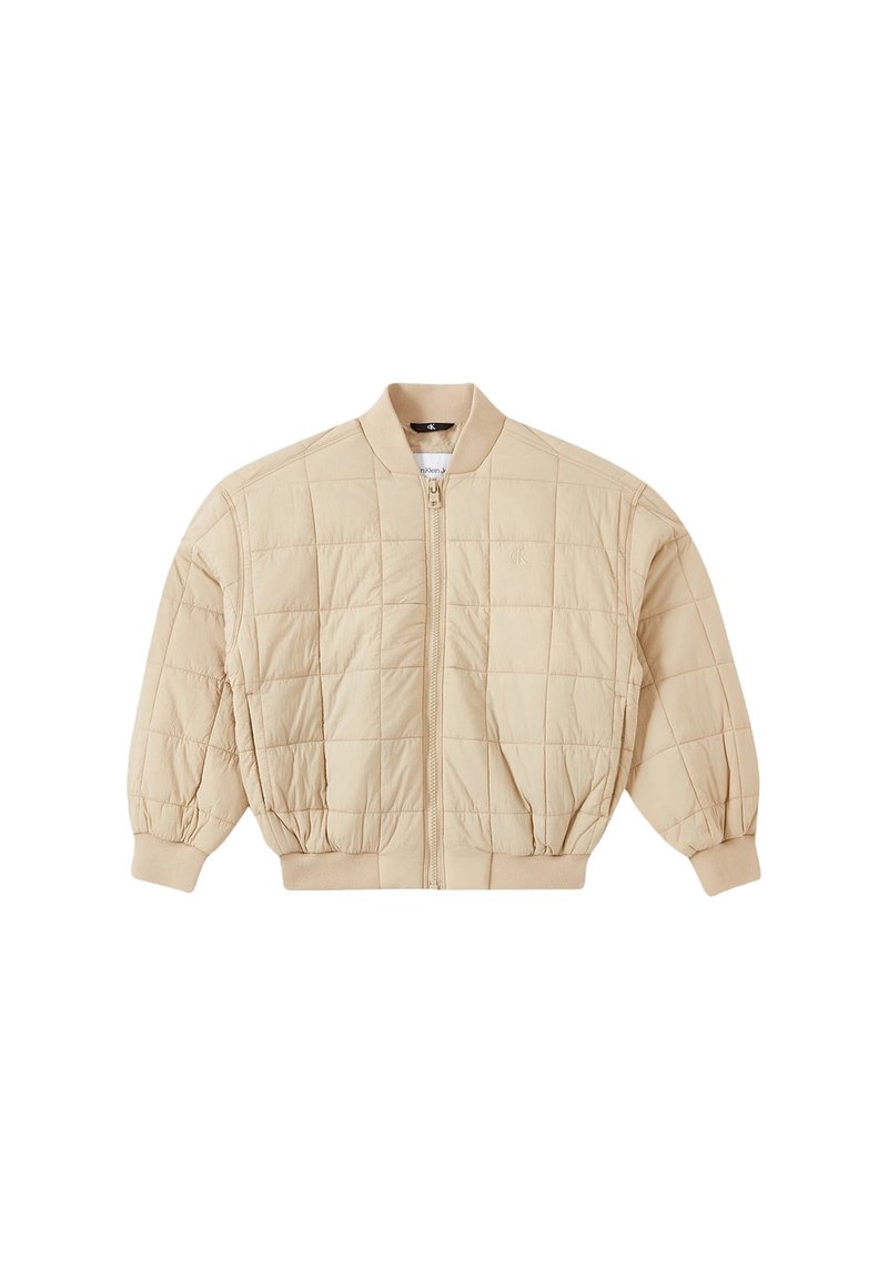 Giubbotto bomber trapuntato beige con zip frontale, colletto, polsini e vita a coste, caratterizzato da un sottile logo "ck" sul petto.
