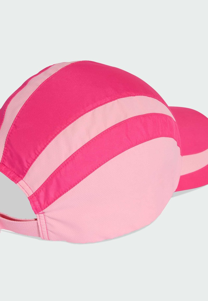 Pink baseball cap with a soft texture, featuring bold stripes in varying shades of pink, with an adjustable strap at the back.